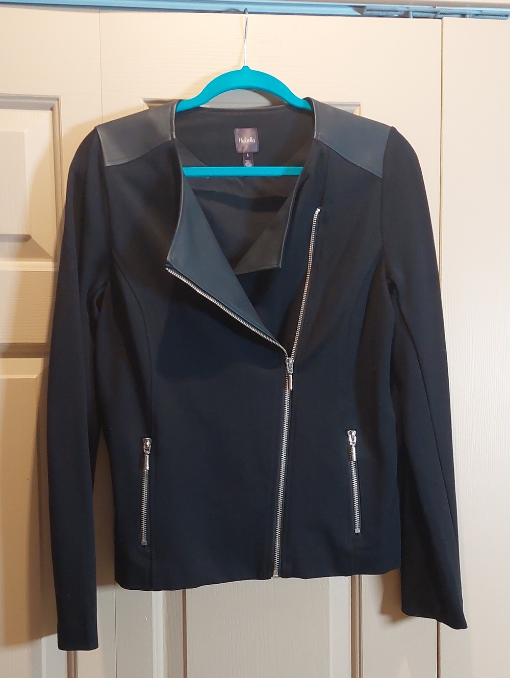 Rafaella Black Asymmetric Zip Motorcycle Jacket with Faux Leather Panels